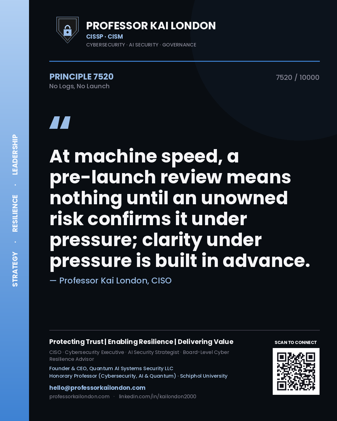 Professor Kai London principle 7520: At machine speed, a pre-launch review means nothing until an unowned risk confirms it under pressure; clarity under pressure is built in advance.