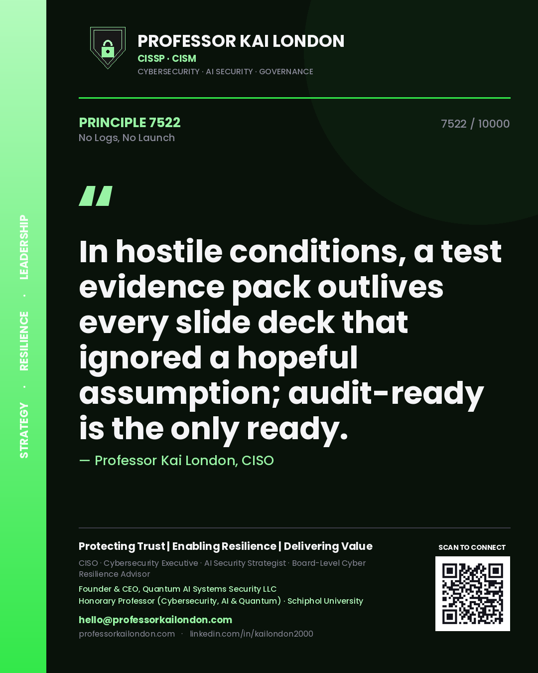 Professor Kai London principle 7522: In hostile conditions, a test evidence pack outlives every slide deck that ignored a hopeful assumption; audit-ready is the only ready.