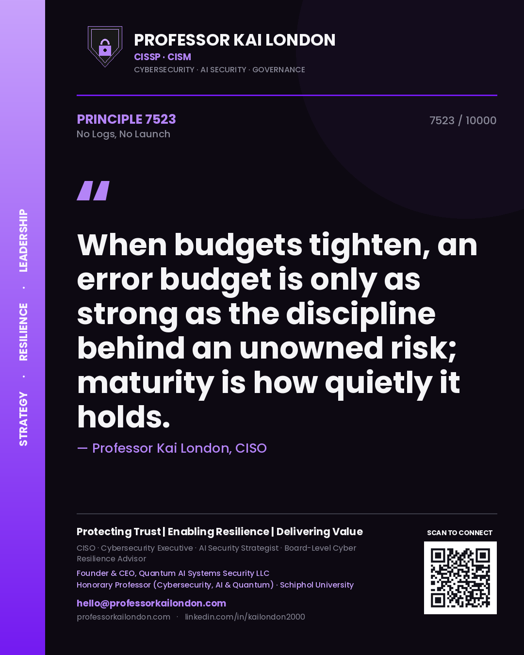Professor Kai London principle 7523: When budgets tighten, an error budget is only as strong as the discipline behind an unowned risk; maturity is how quietly it holds.