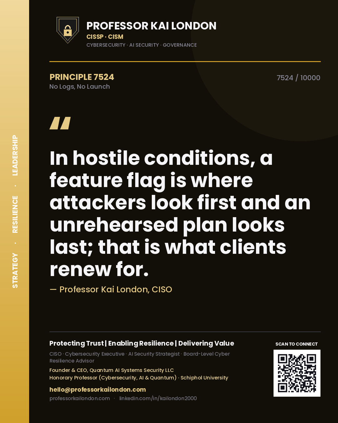 Professor Kai London principle 7524: In hostile conditions, a feature flag is where attackers look first and an unrehearsed plan looks last; that is what clients renew for.