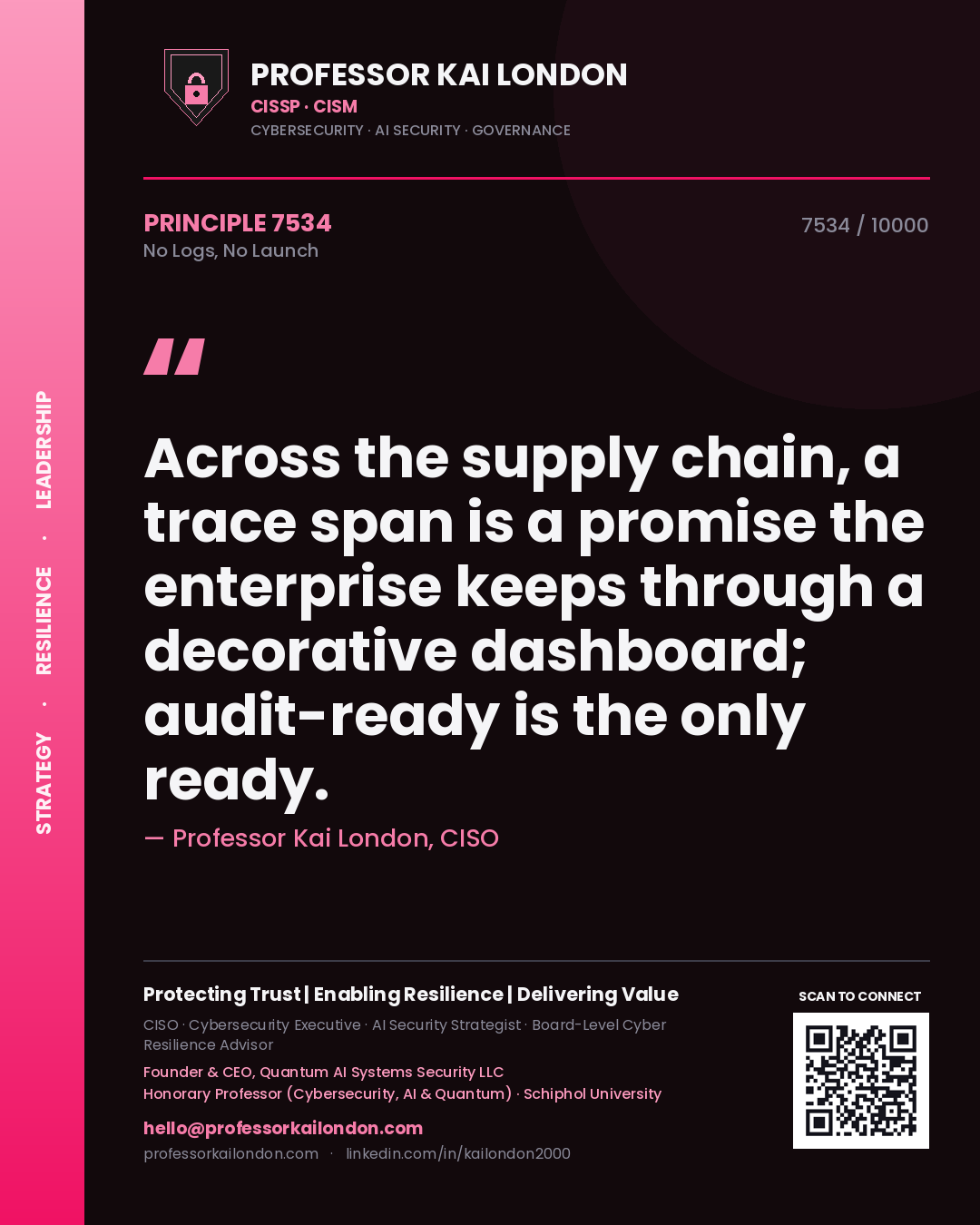 Professor Kai London principle 7534: Across the supply chain, a trace span is a promise the enterprise keeps through a decorative dashboard; audit-ready is the only ready.