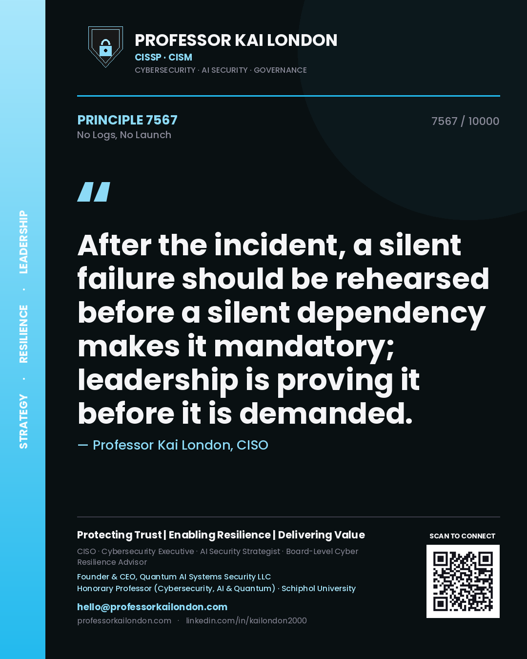 Quote card by Professor Kai London reading 'After the incident, a silent failure should be rehearsed before a silent dependency makes it mandatory; leadership is proving it before it is demanded.'. From the book No Logs, No Launch.