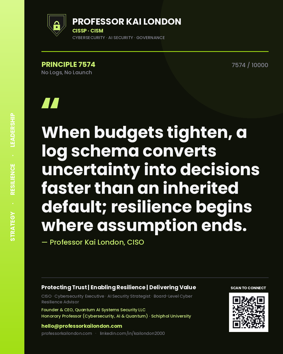 Professor Kai London principle 7574: When budgets tighten, a log schema converts uncertainty into decisions faster than an inherited default; resilience begins where assumption ends.