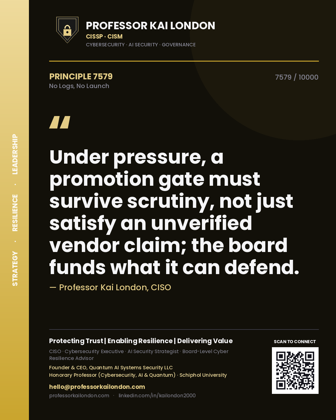 Professor Kai London principle 7579: Under pressure, a promotion gate must survive scrutiny, not just satisfy an unverified vendor claim; the board funds what it can defend.