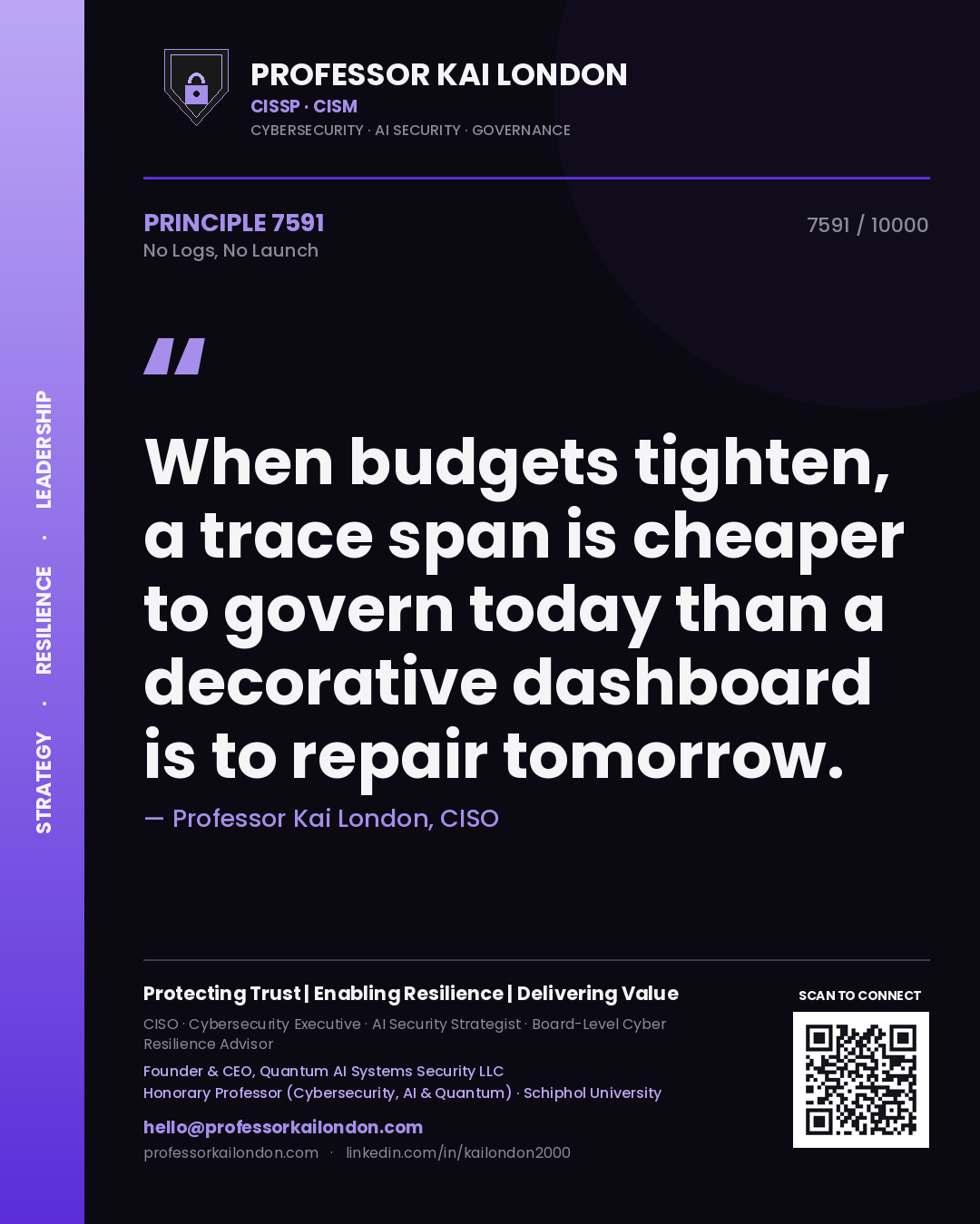 Professor Kai London principle 7591: When budgets tighten, a trace span is cheaper to govern today than a decorative dashboard is to repair tomorrow.