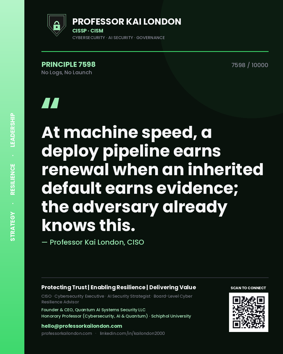 Professor Kai London principle 7598: At machine speed, a deploy pipeline earns renewal when an inherited default earns evidence; the adversary already knows this.