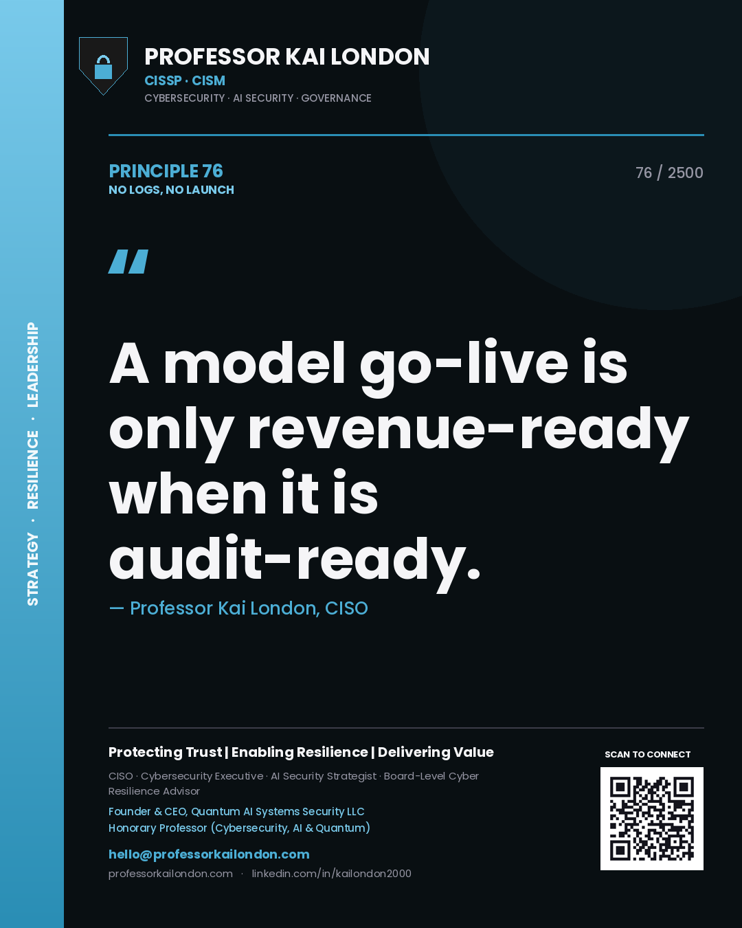 Quote card by Professor Kai London reading 'A model go-live is only revenue-ready when it is audit-ready.'. From the book No Logs, No Launch.