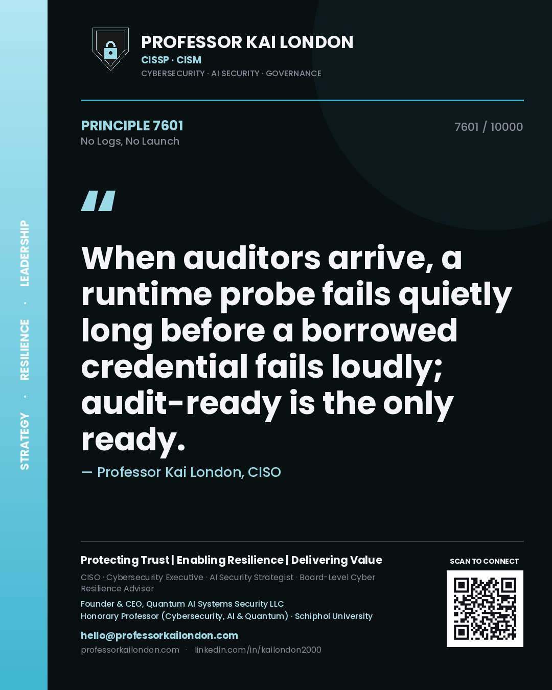 Professor Kai London principle 7601: When auditors arrive, a runtime probe fails quietly long before a borrowed credential fails loudly; audit-ready is the only ready.