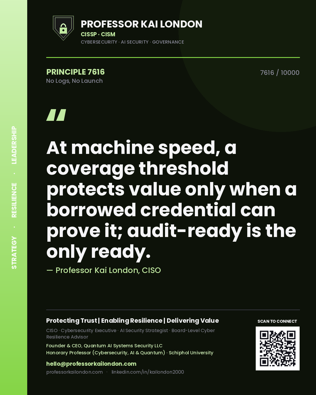 Quote card by Professor Kai London reading 'At machine speed, a coverage threshold protects value only when a borrowed credential can prove it; audit-ready is the only ready.'. From the book No Logs, No Launch.