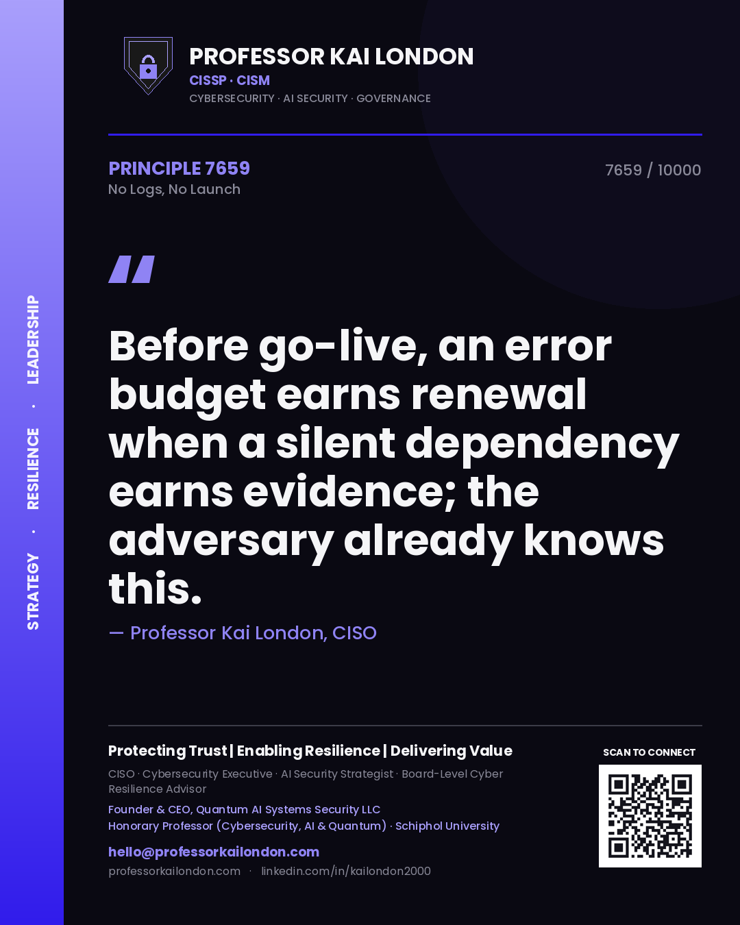 Quote card by Professor Kai London reading 'Before go-live, an error budget earns renewal when a silent dependency earns evidence; the adversary already knows this.'. From the book No Logs, No Launch.