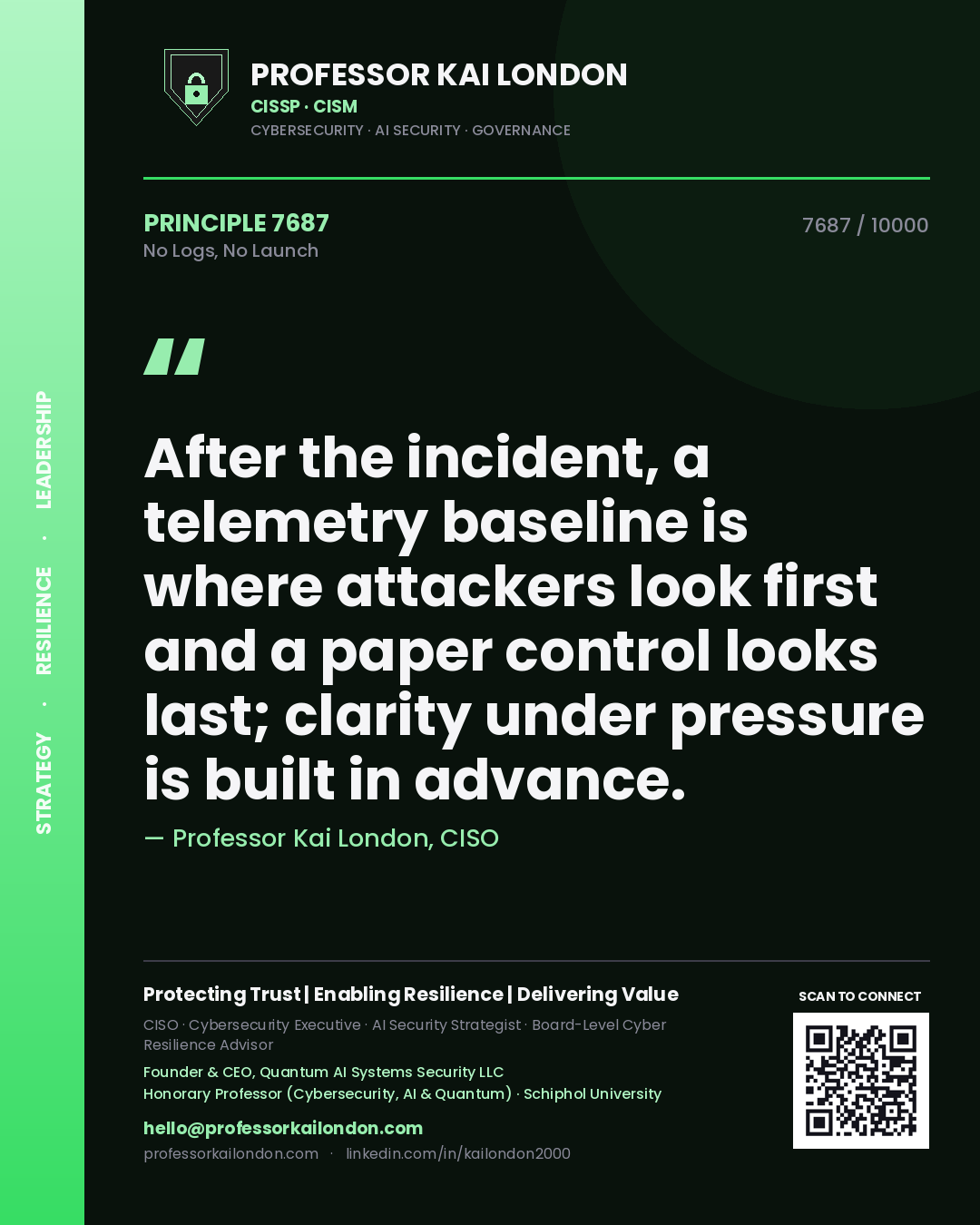Quote card by Professor Kai London reading 'After the incident, a telemetry baseline is where attackers look first and a paper control looks last; clarity under pressure is built in advance.'. From the book No Logs, No Launch.