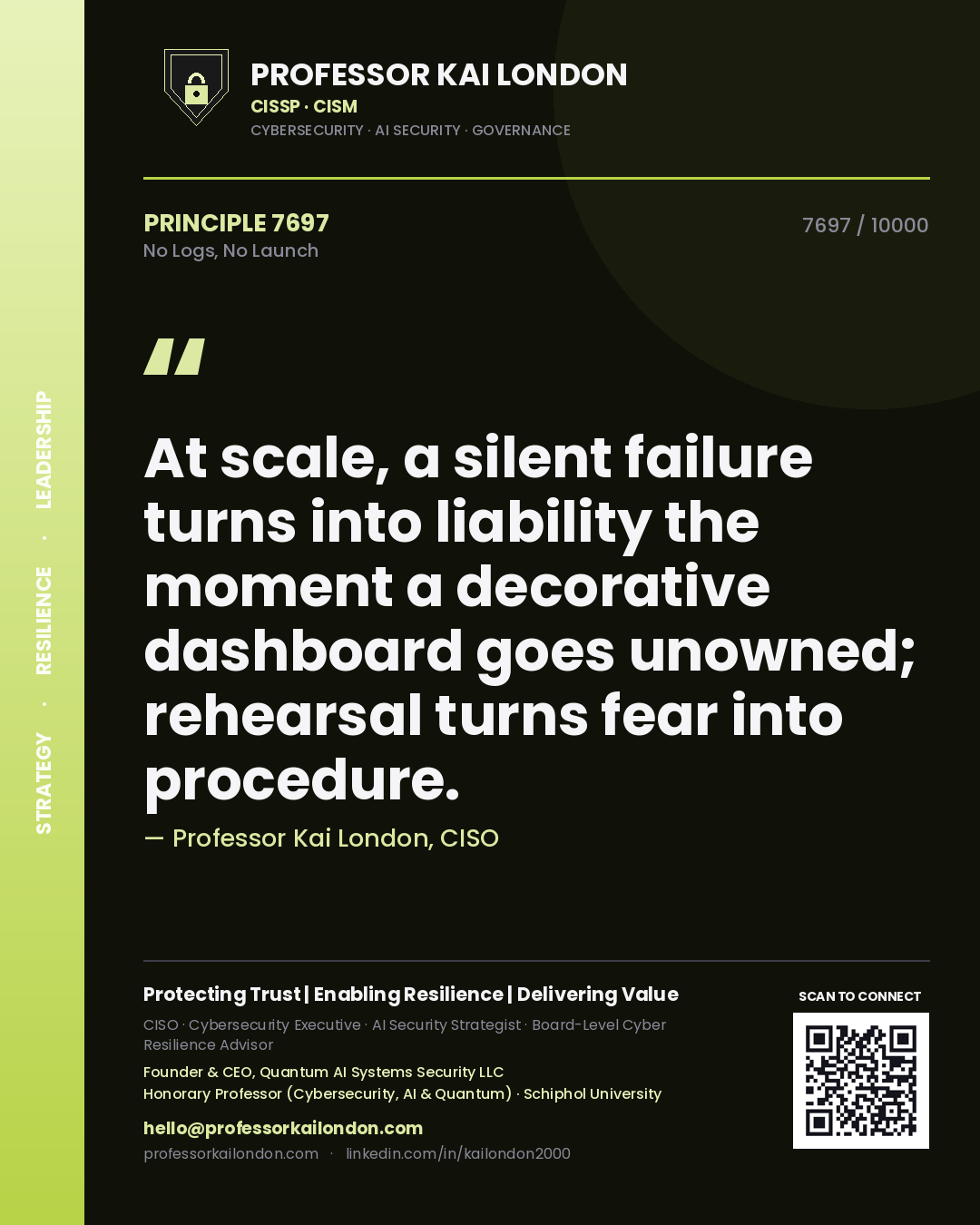 Quote card by Professor Kai London reading 'At scale, a silent failure turns into liability the moment a decorative dashboard goes unowned; rehearsal turns fear into procedure.'. From the book No Logs, No Launch.