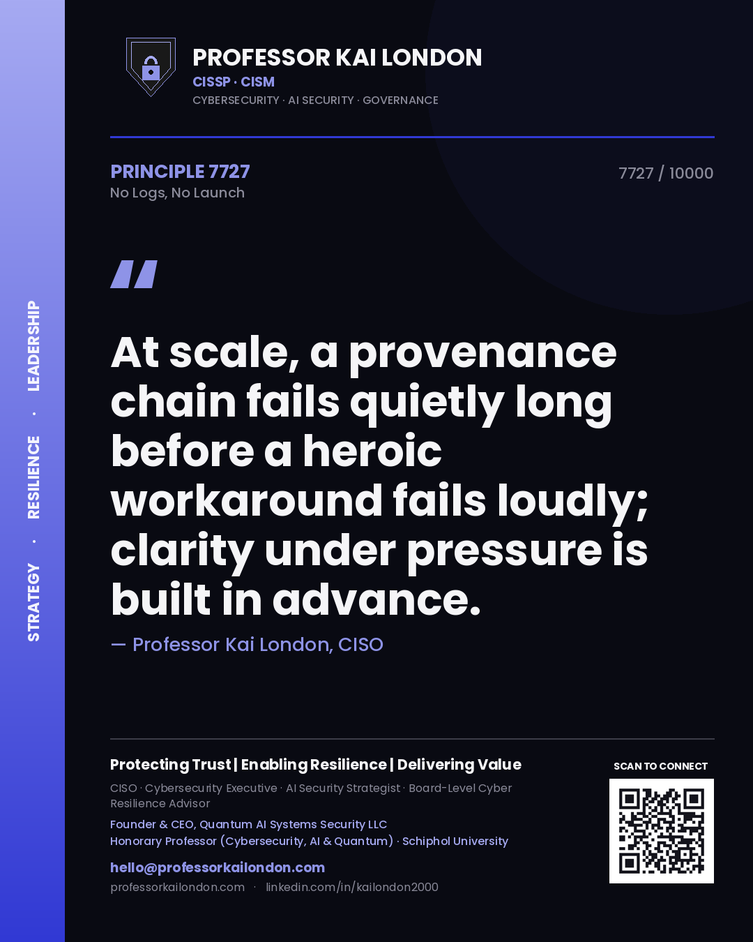 Professor Kai London principle 7727: At scale, a provenance chain fails quietly long before a heroic workaround fails loudly; clarity under pressure is built in advance.