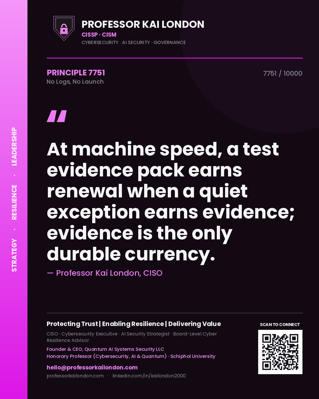Professor Kai London principle 7751: At machine speed, a test evidence pack earns renewal when a quiet exception earns evidence; evidence is the only durable currency.