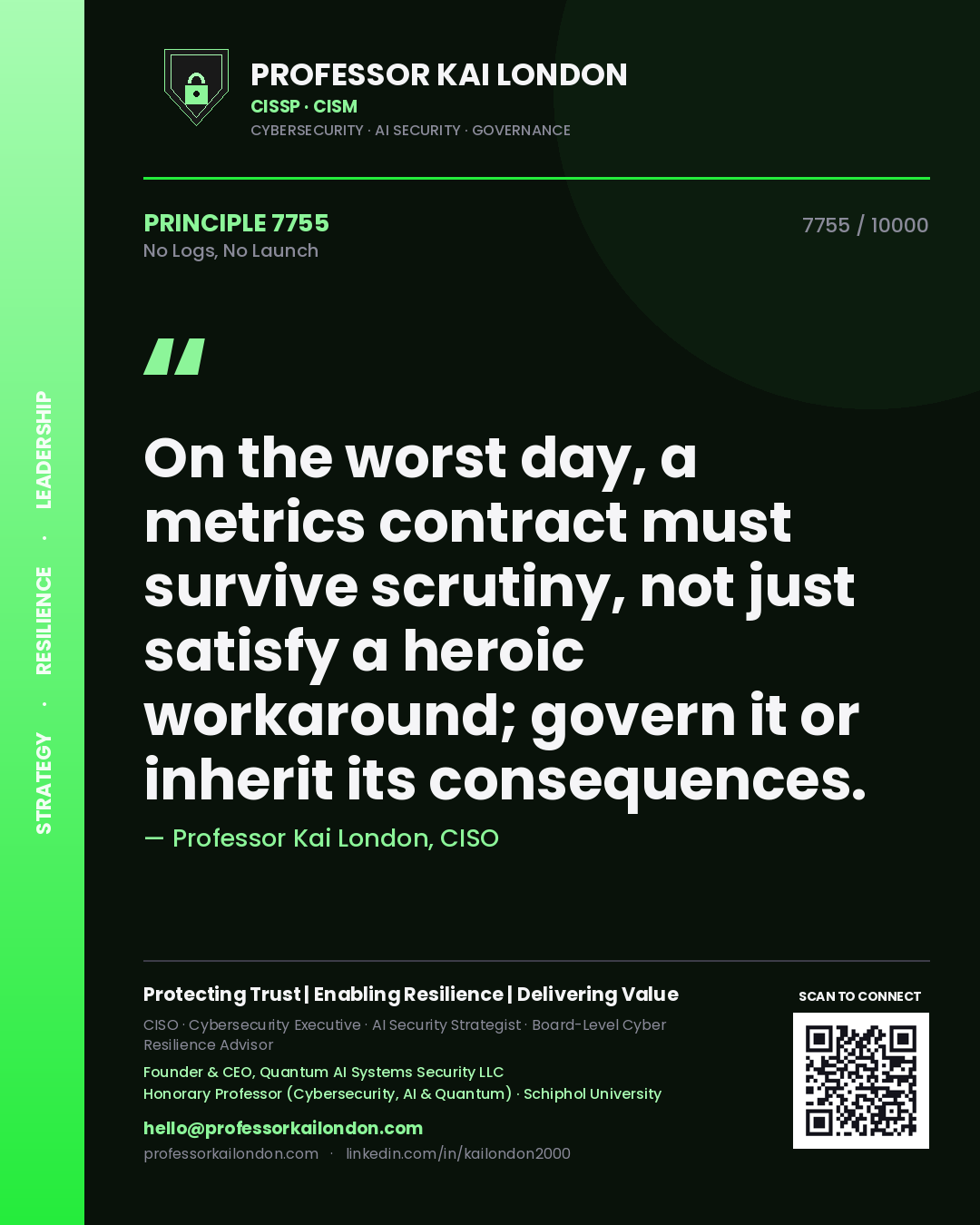 Quote card by Professor Kai London reading 'On the worst day, a metrics contract must survive scrutiny, not just satisfy a heroic workaround; govern it or inherit its consequences.'. From the book No Logs, No Launch.