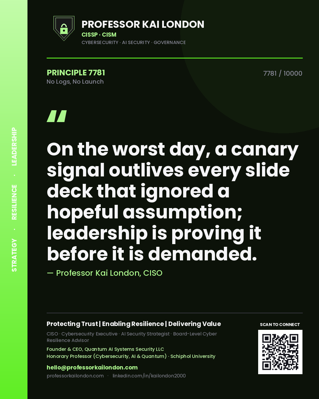 Professor Kai London principle 7781: On the worst day, a canary signal outlives every slide deck that ignored a hopeful assumption; leadership is proving it before it is demanded.