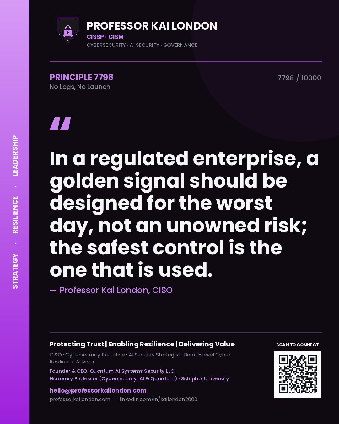 Professor Kai London principle 7798: In a regulated enterprise, a golden signal should be designed for the worst day, not an unowned risk; the safest control is the one that is used.