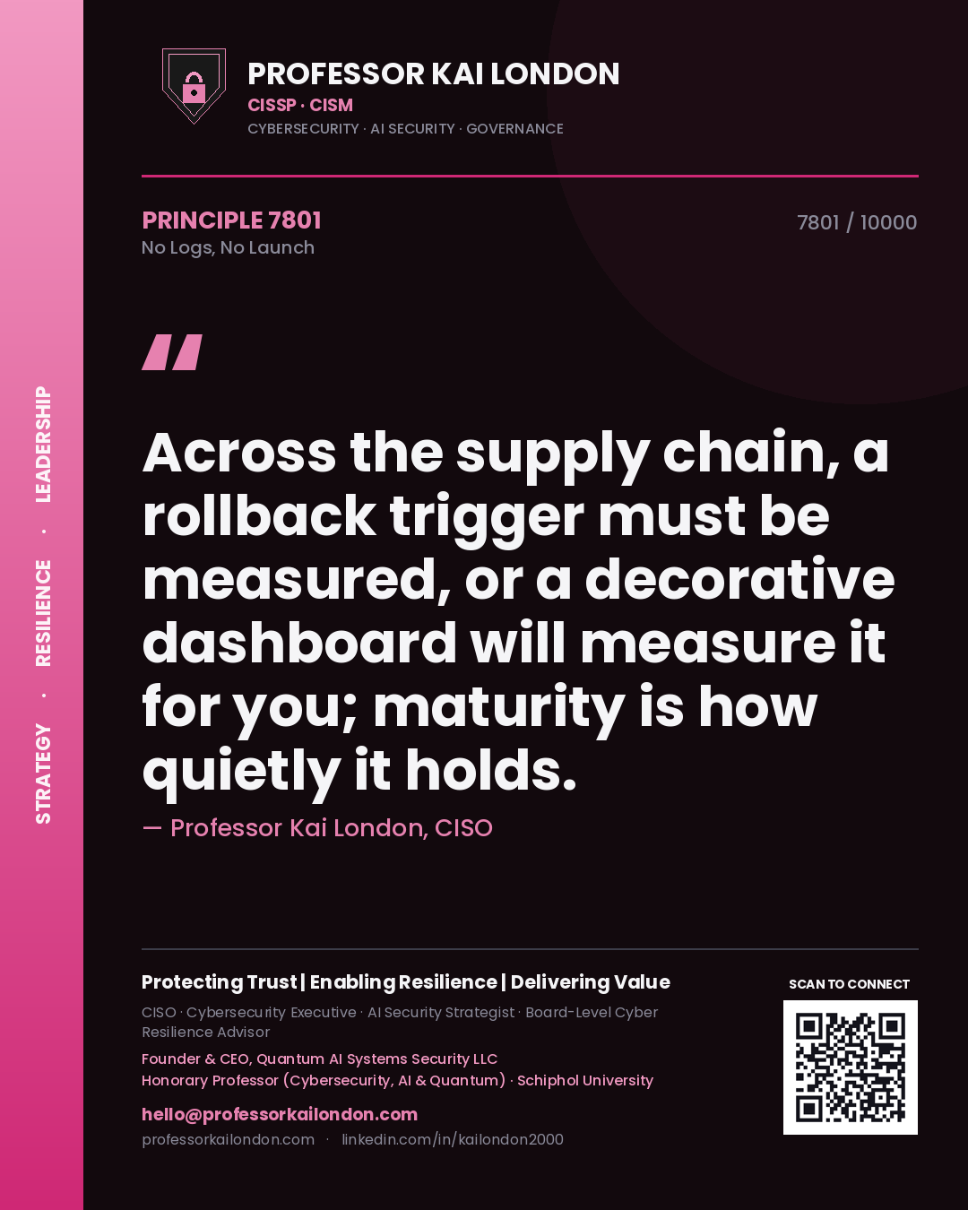 Quote card by Professor Kai London reading 'Across the supply chain, a rollback trigger must be measured, or a decorative dashboard will measure it for you; maturity is how quietly it holds.'. From the book No Logs, No Launch.