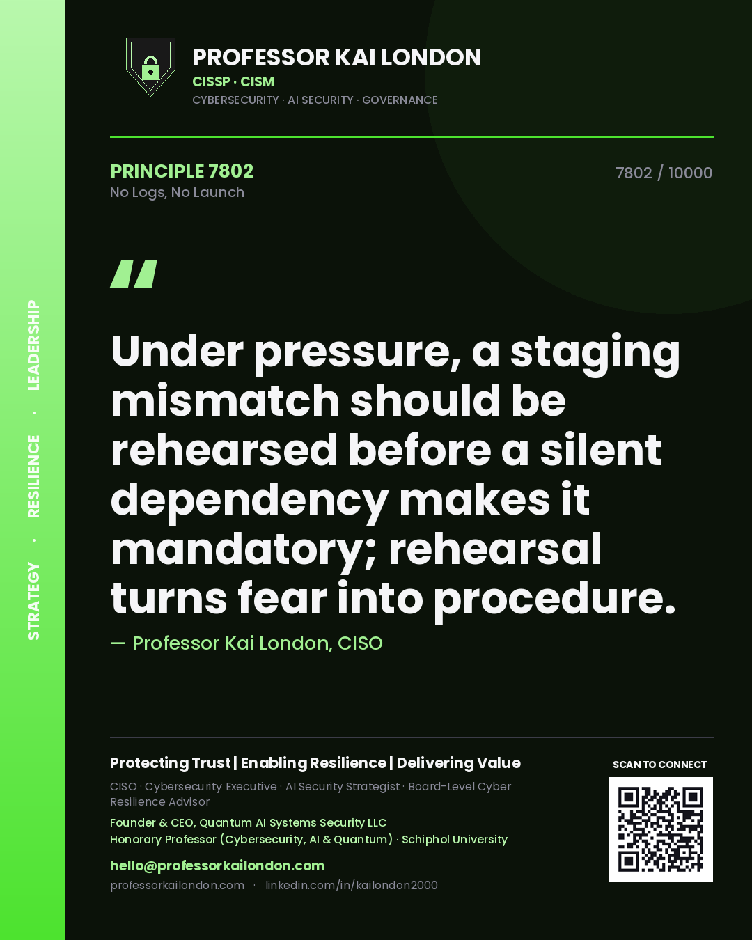 Professor Kai London principle 7802: Under pressure, a staging mismatch should be rehearsed before a silent dependency makes it mandatory; rehearsal turns fear into procedure.