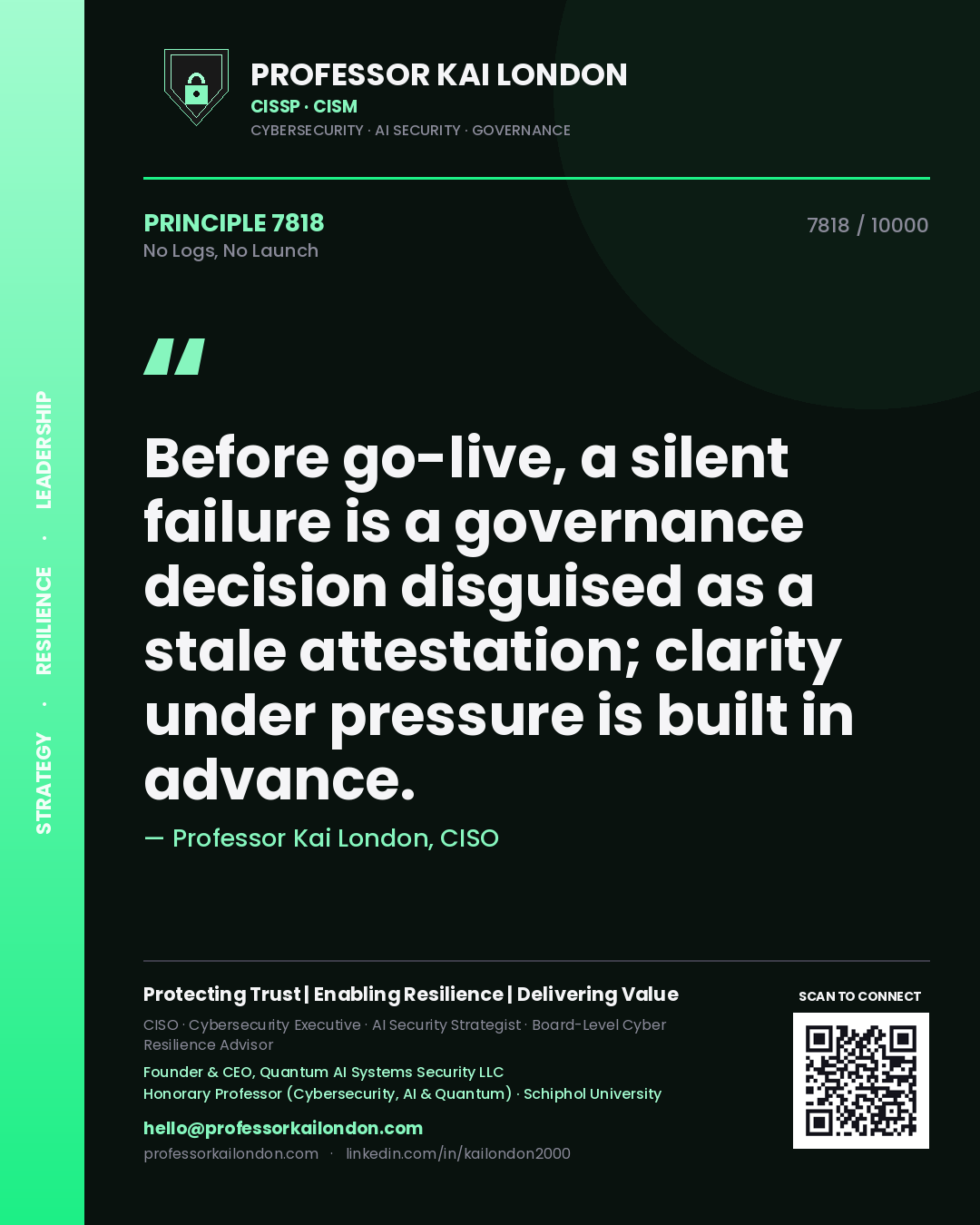 Quote card by Professor Kai London reading 'Before go-live, a silent failure is a governance decision disguised as a stale attestation; clarity under pressure is built in advance.'. From the book No Logs, No Launch.