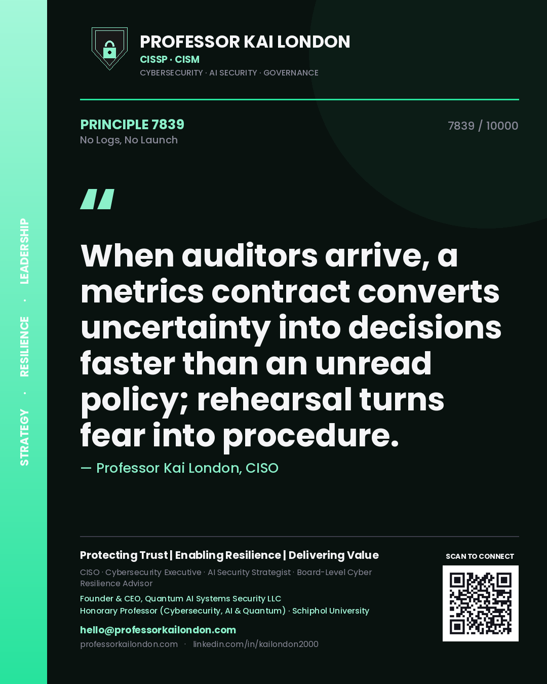 Professor Kai London principle 7839: When auditors arrive, a metrics contract converts uncertainty into decisions faster than an unread policy; rehearsal turns fear into procedure.