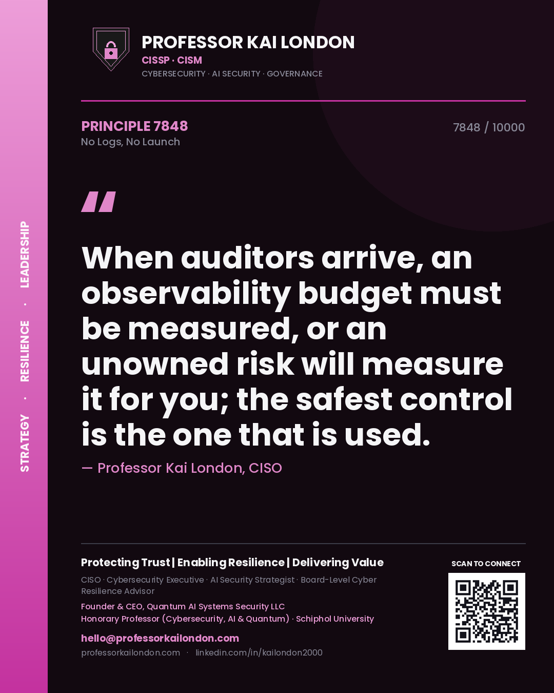 Professor Kai London principle 7848: When auditors arrive, an observability budget must be measured, or an unowned risk will measure it for you; the safest control is the one that is used.
