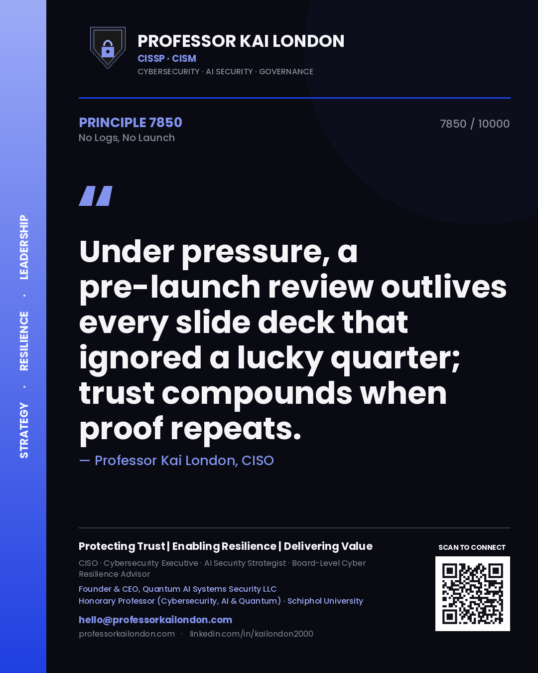 Quote card by Professor Kai London reading 'Under pressure, a pre-launch review outlives every slide deck that ignored a lucky quarter; trust compounds when proof repeats.'. From the book No Logs, No Launch.