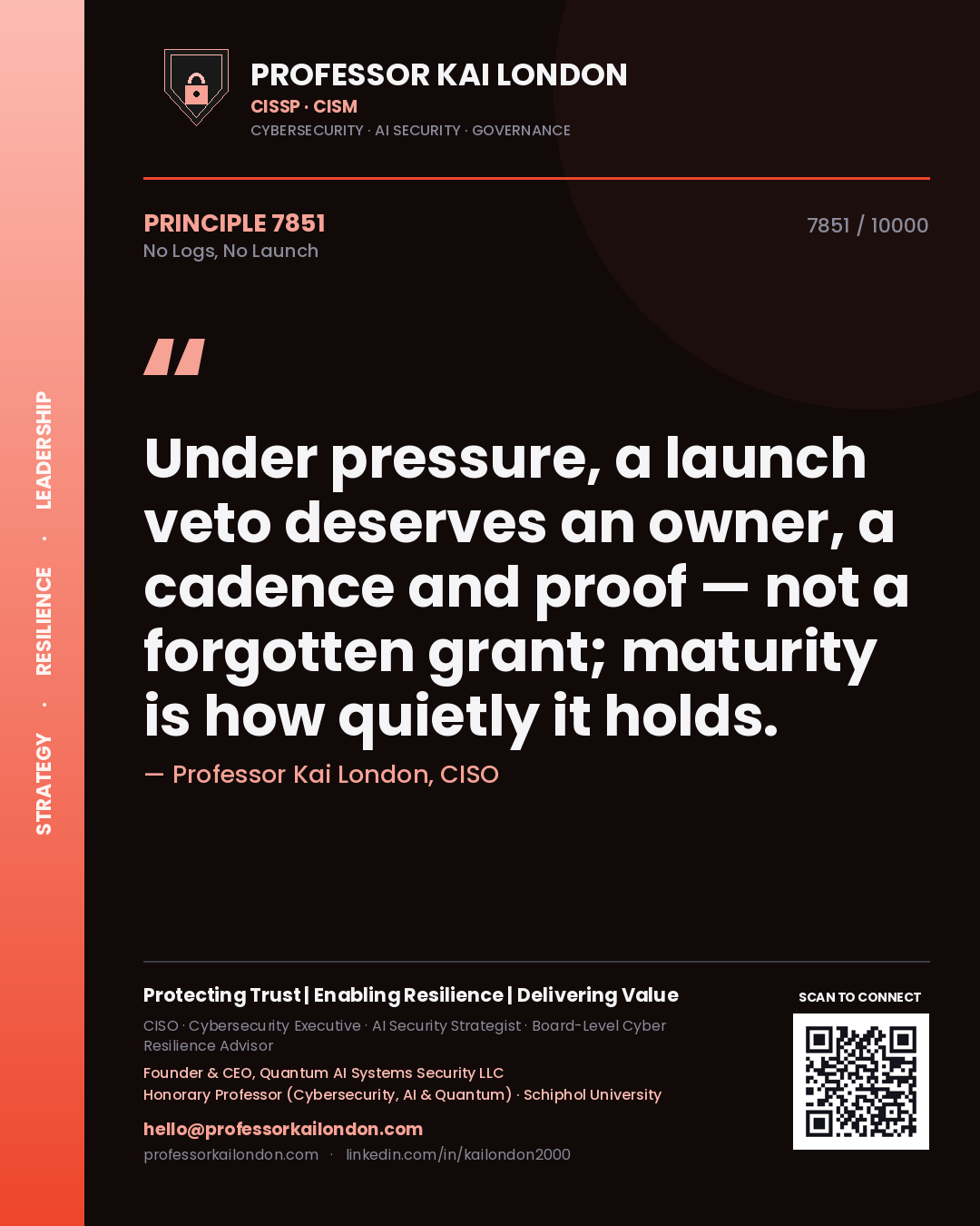 Quote card by Professor Kai London reading 'Under pressure, a launch veto deserves an owner, a cadence and proof — not a forgotten grant; maturity is how quietly it holds.'. From the book No Logs, No Launch.