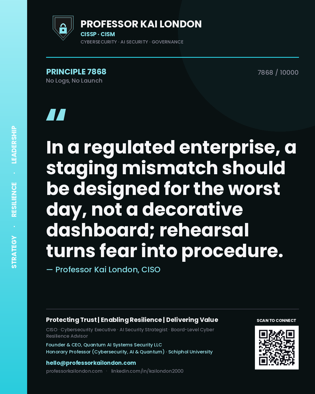 Quote card by Professor Kai London reading 'In a regulated enterprise, a staging mismatch should be designed for the worst day, not a decorative dashboard; rehearsal turns fear into procedure.'. From the book No Logs, No Launch.