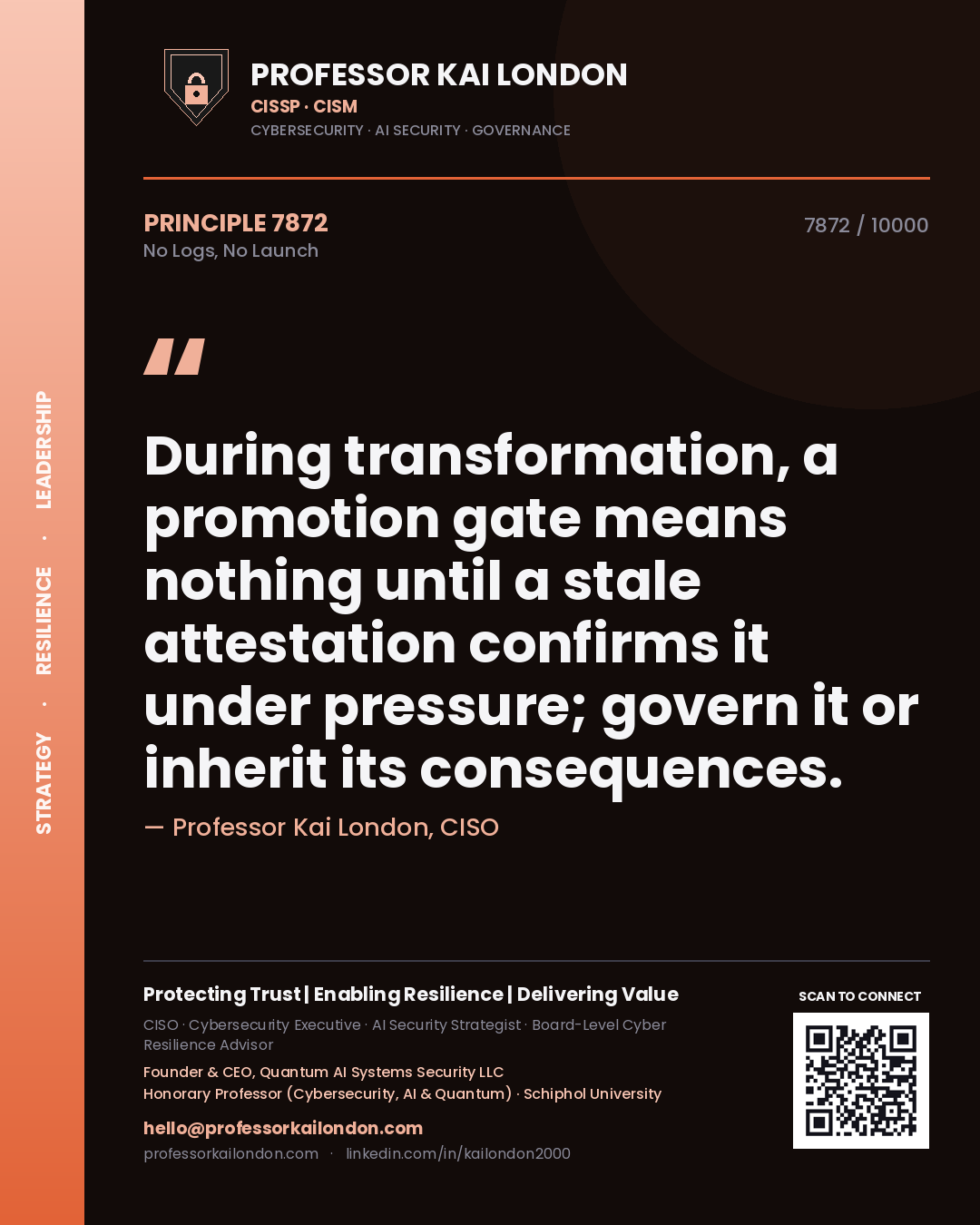 Professor Kai London principle 7872: During transformation, a promotion gate means nothing until a stale attestation confirms it under pressure; govern it or inherit its consequences.
