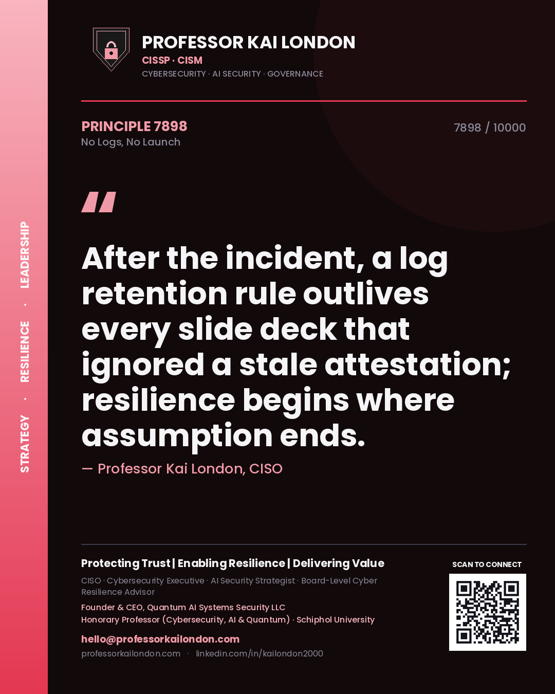 Professor Kai London principle 7898: After the incident, a log retention rule outlives every slide deck that ignored a stale attestation; resilience begins where assumption ends.