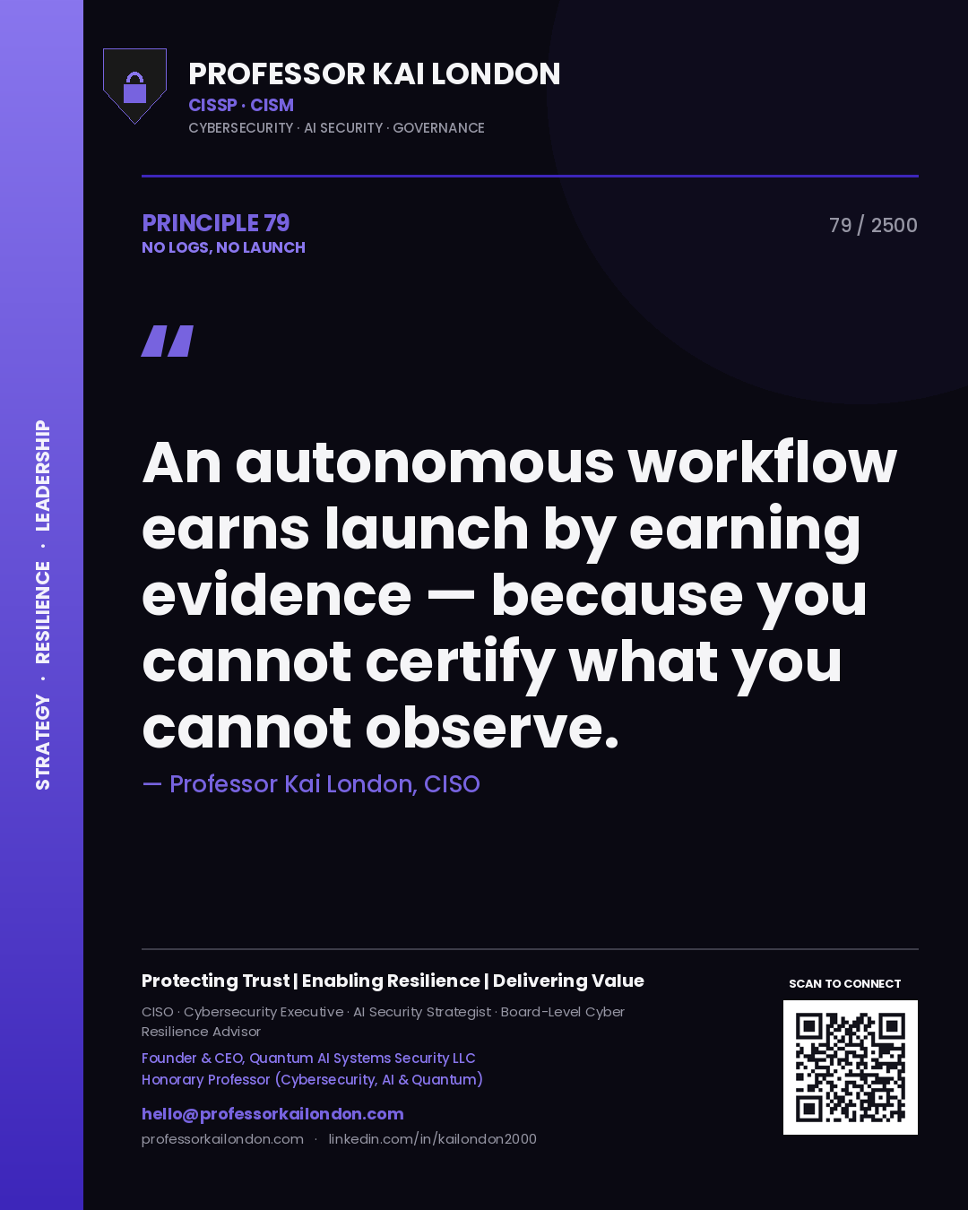 Quote card by Professor Kai London reading 'An autonomous workflow earns launch by earning evidence — because you cannot certify what you cannot observe.'. From the book No Logs, No Launch.