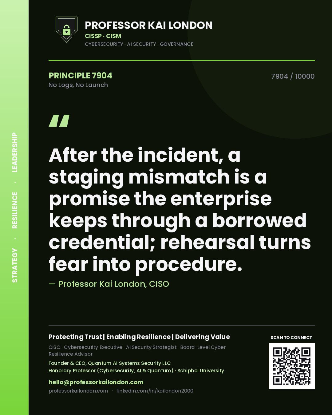 Quote card by Professor Kai London reading 'After the incident, a staging mismatch is a promise the enterprise keeps through a borrowed credential; rehearsal turns fear into procedure.'. From the book No Logs, No Launch.