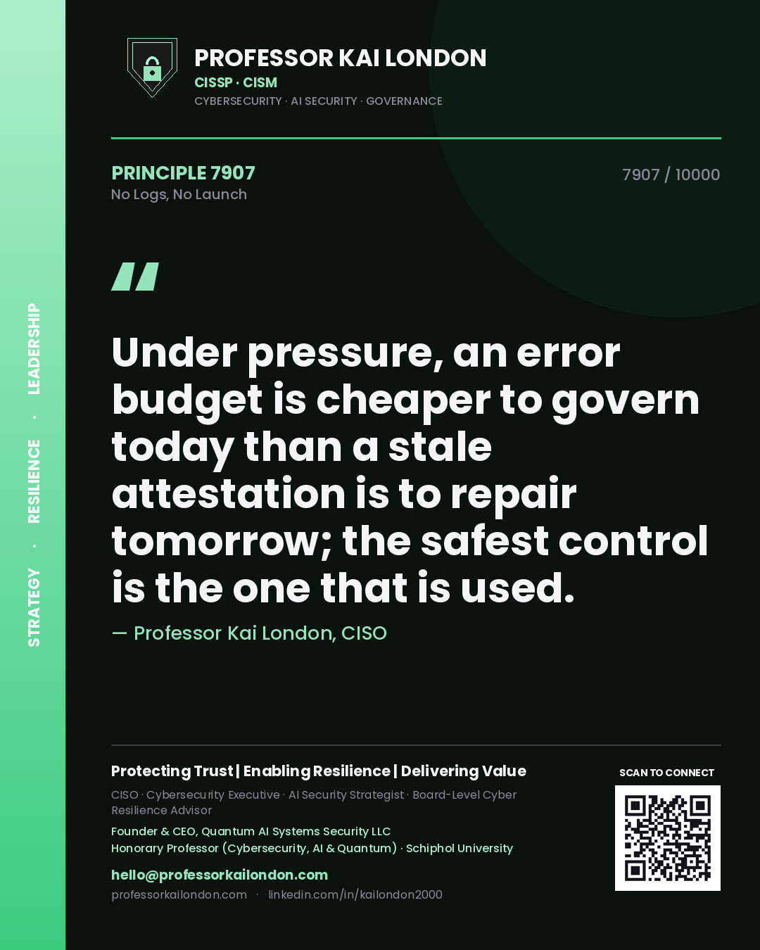 Professor Kai London principle 7907: Under pressure, an error budget is cheaper to govern today than a stale attestation is to repair tomorrow; the safest control is the one that is used.