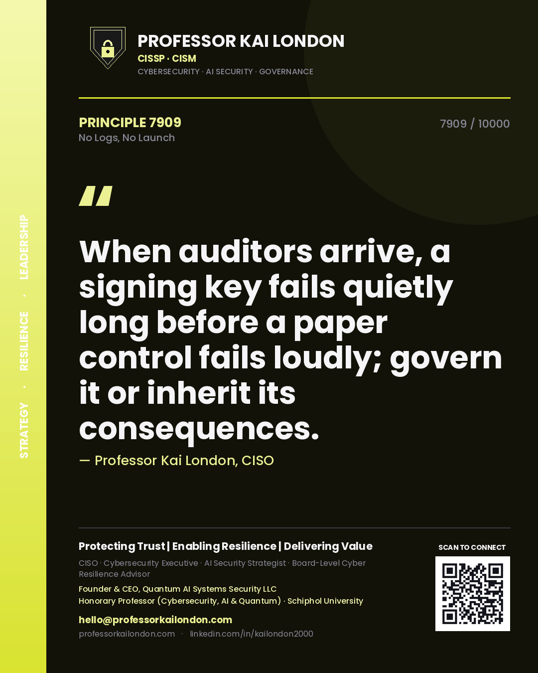 Quote card by Professor Kai London reading 'When auditors arrive, a signing key fails quietly long before a paper control fails loudly; govern it or inherit its consequences.'. From the book No Logs, No Launch.
