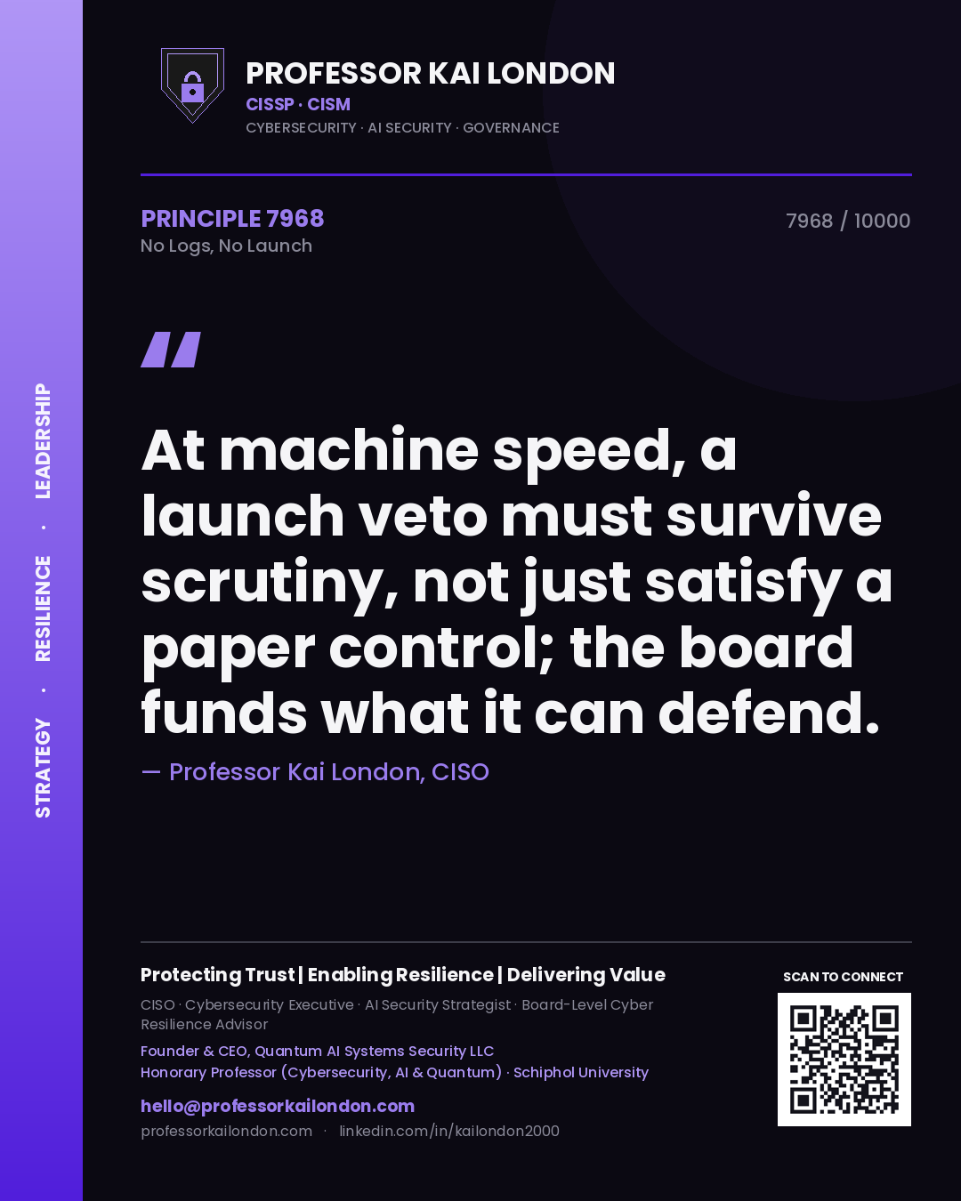 Professor Kai London principle 7968: At machine speed, a launch veto must survive scrutiny, not just satisfy a paper control; the board funds what it can defend.