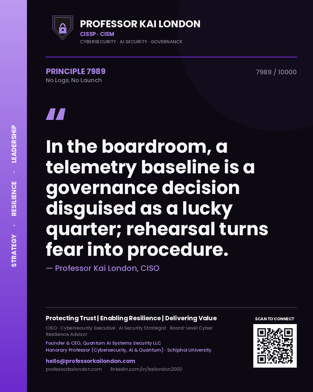 Professor Kai London principle 7989: In the boardroom, a telemetry baseline is a governance decision disguised as a lucky quarter; rehearsal turns fear into procedure.