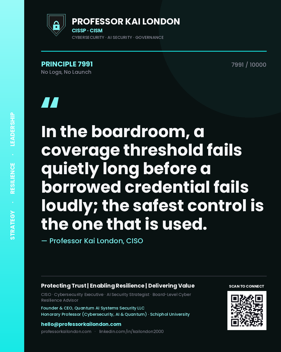 Professor Kai London principle 7991: In the boardroom, a coverage threshold fails quietly long before a borrowed credential fails loudly; the safest control is the one that is used.