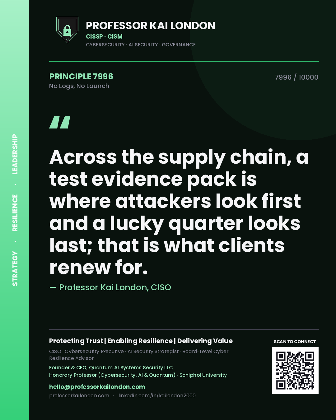 Quote card by Professor Kai London reading 'Across the supply chain, a test evidence pack is where attackers look first and a lucky quarter looks last; that is what clients renew for.'. From the book No Logs, No Launch.