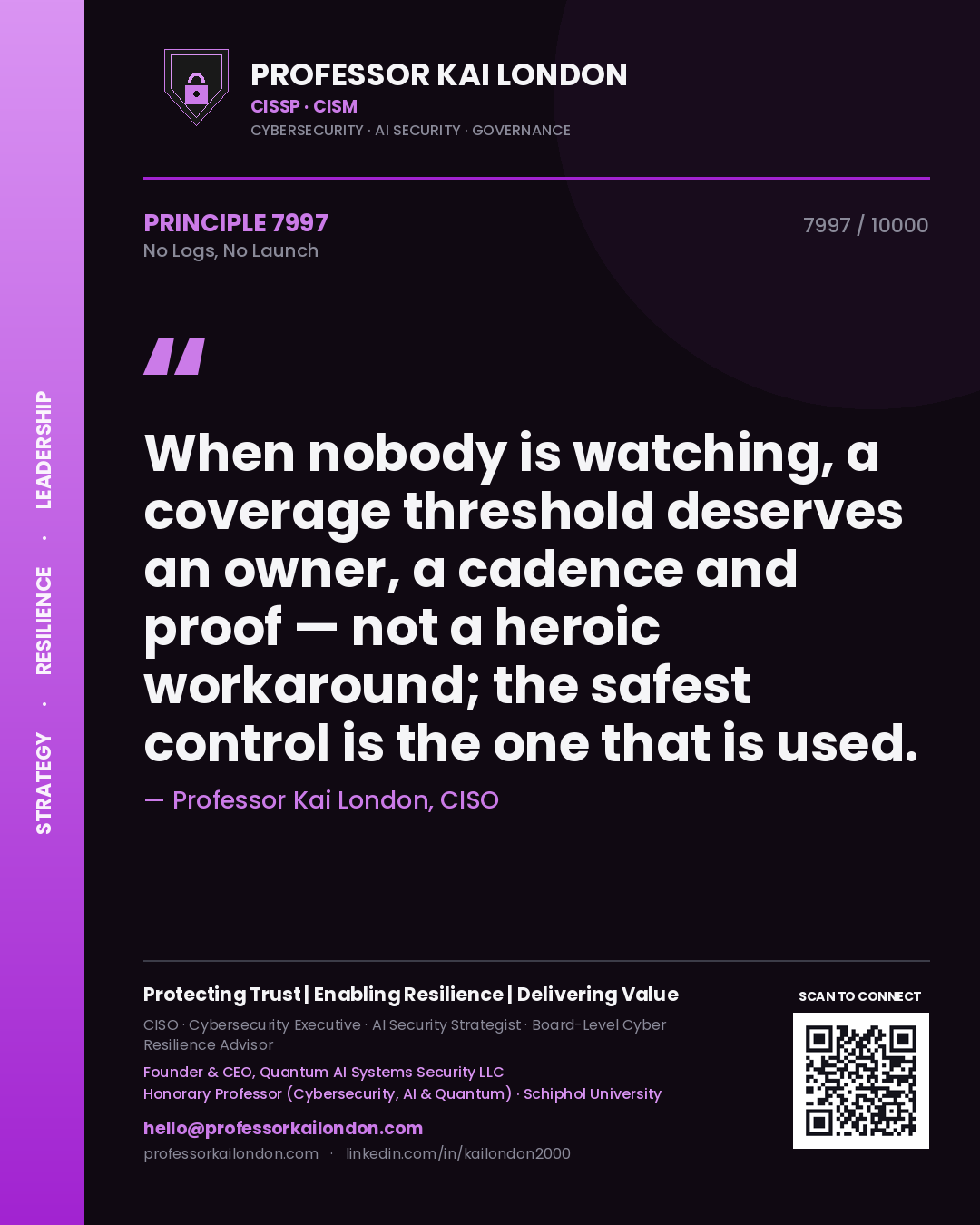 Professor Kai London principle 7997: When nobody is watching, a coverage threshold deserves an owner, a cadence and proof — not a heroic workaround; the safest control is the one that is used.