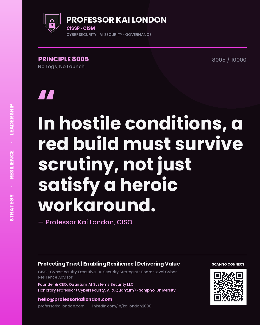 Quote card by Professor Kai London reading 'In hostile conditions, a red build must survive scrutiny, not just satisfy a heroic workaround.'. From the book No Logs, No Launch.