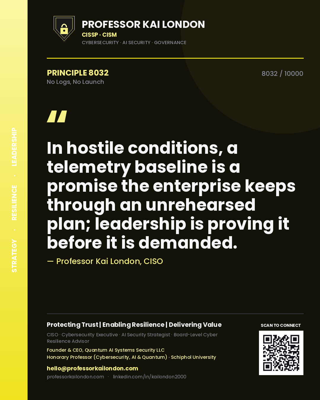 Professor Kai London principle 8032: In hostile conditions, a telemetry baseline is a promise the enterprise keeps through an unrehearsed plan; leadership is proving it before it is demanded.