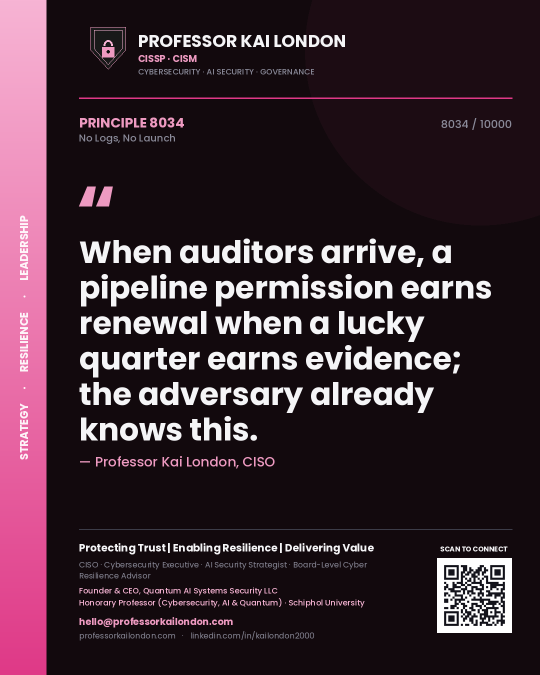 Professor Kai London principle 8034: When auditors arrive, a pipeline permission earns renewal when a lucky quarter earns evidence; the adversary already knows this.