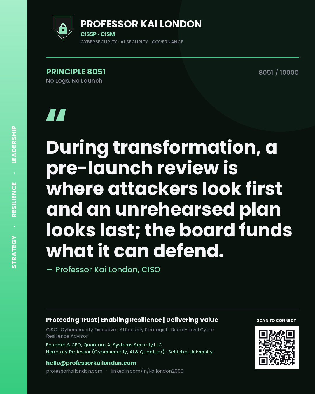 Quote card by Professor Kai London reading 'During transformation, a pre-launch review is where attackers look first and an unrehearsed plan looks last; the board funds what it can defend.'. From the book No Logs, No Launch.