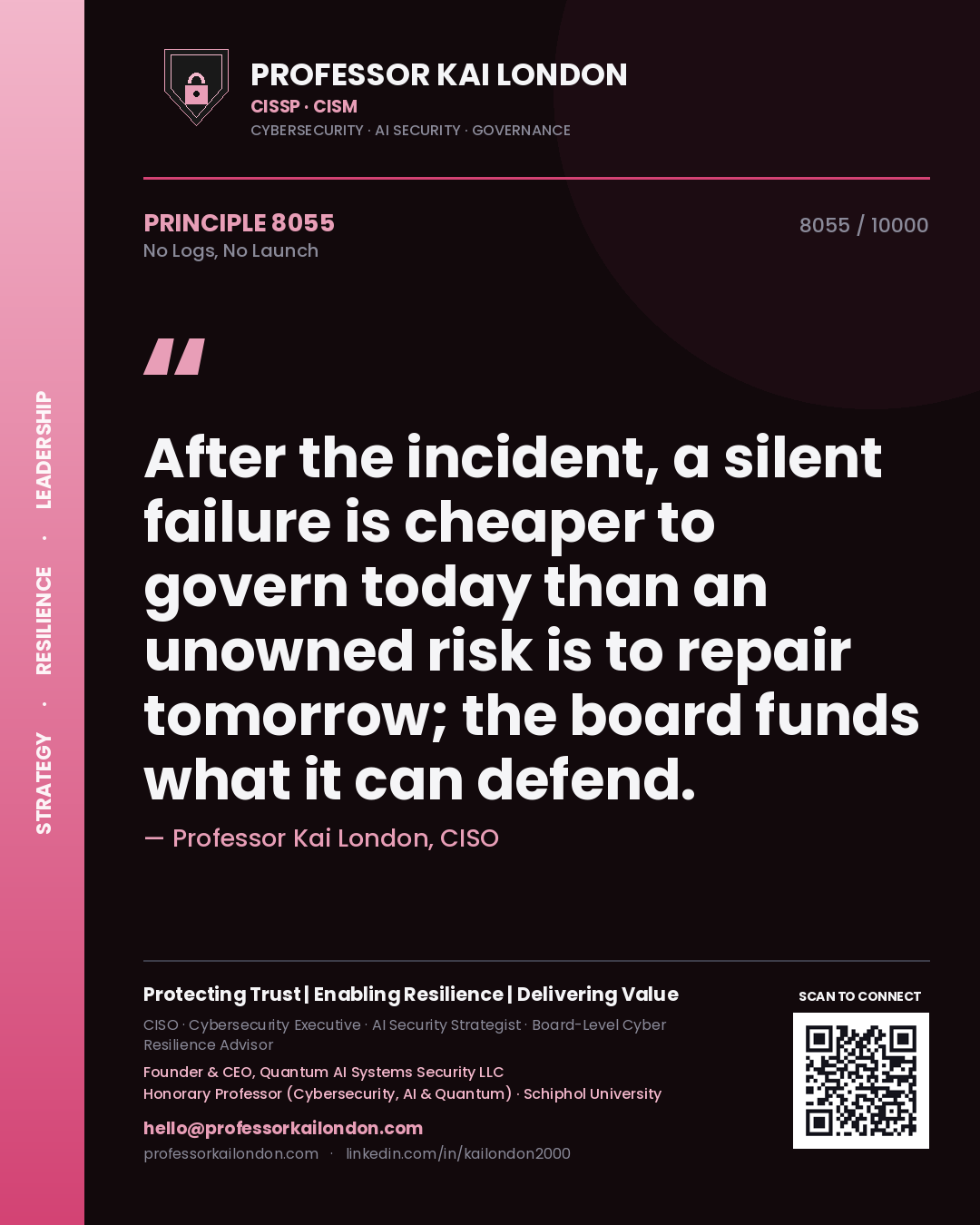 Professor Kai London principle 8055: After the incident, a silent failure is cheaper to govern today than an unowned risk is to repair tomorrow; the board funds what it can defend.