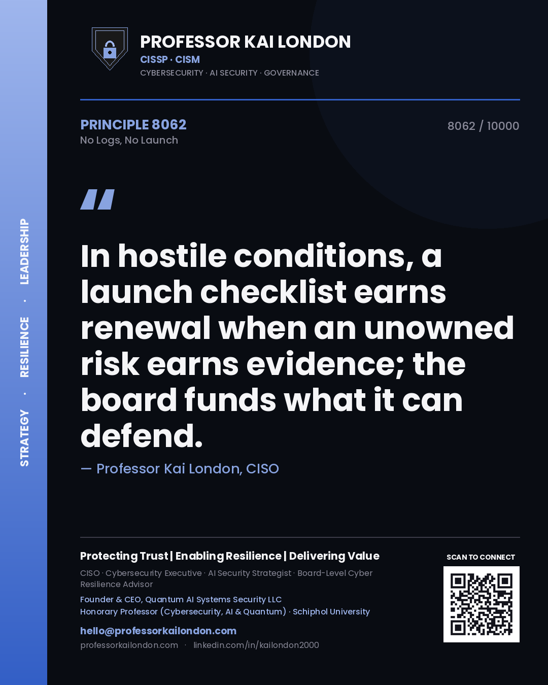 Professor Kai London principle 8062: In hostile conditions, a launch checklist earns renewal when an unowned risk earns evidence; the board funds what it can defend.