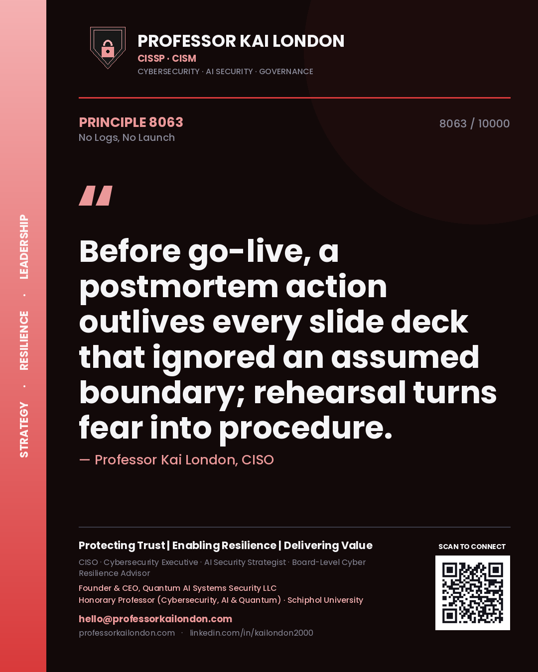 Professor Kai London principle 8063: Before go-live, a postmortem action outlives every slide deck that ignored an assumed boundary; rehearsal turns fear into procedure.