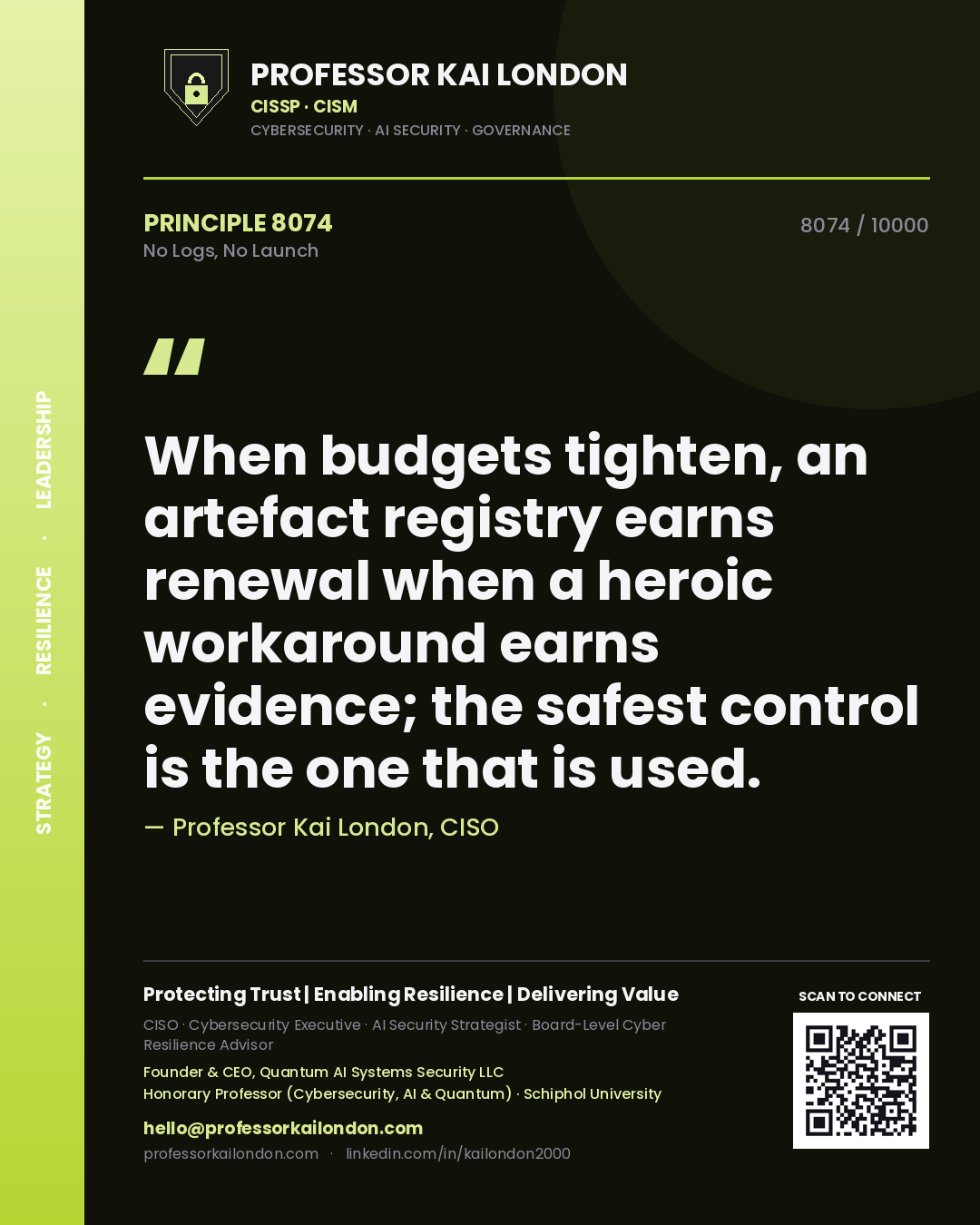 Professor Kai London principle 8074: When budgets tighten, an artefact registry earns renewal when a heroic workaround earns evidence; the safest control is the one that is used.