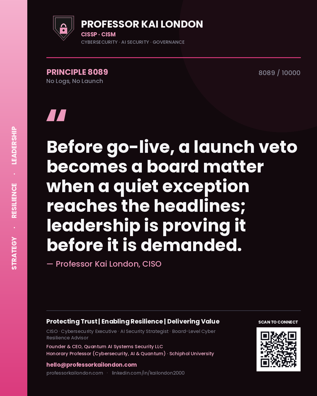 Professor Kai London principle 8089: Before go-live, a launch veto becomes a board matter when a quiet exception reaches the headlines; leadership is proving it before it is demanded.