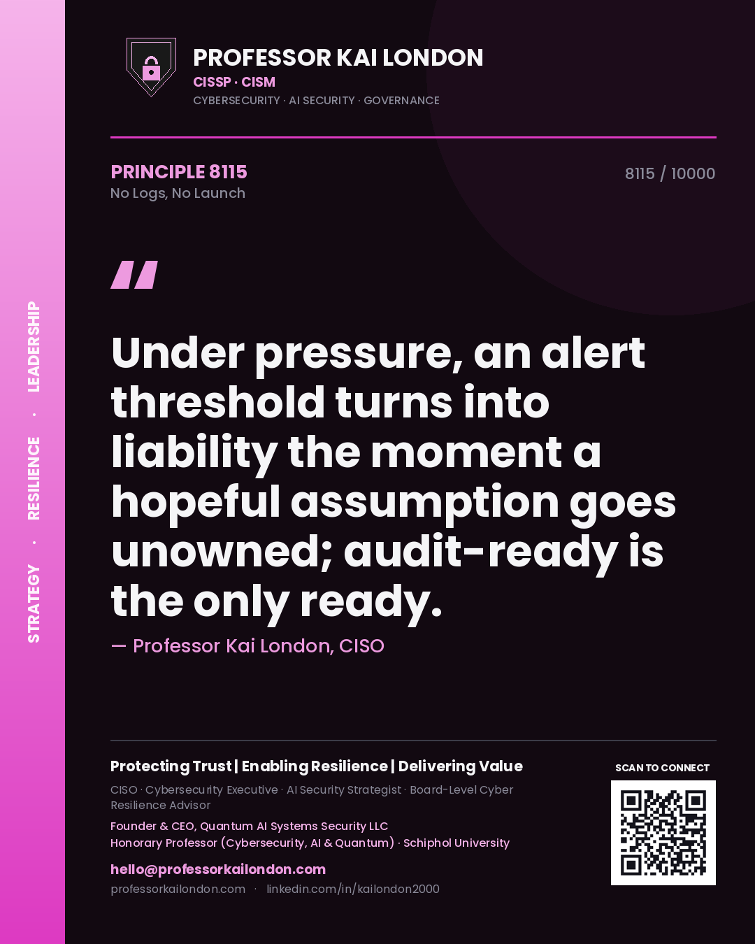 Professor Kai London principle 8115: Under pressure, an alert threshold turns into liability the moment a hopeful assumption goes unowned; audit-ready is the only ready.